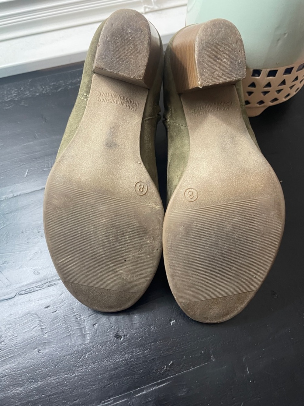 Old Navy Olive Suede Ankle Booties with Stacked Heel - Picture 7 of 7